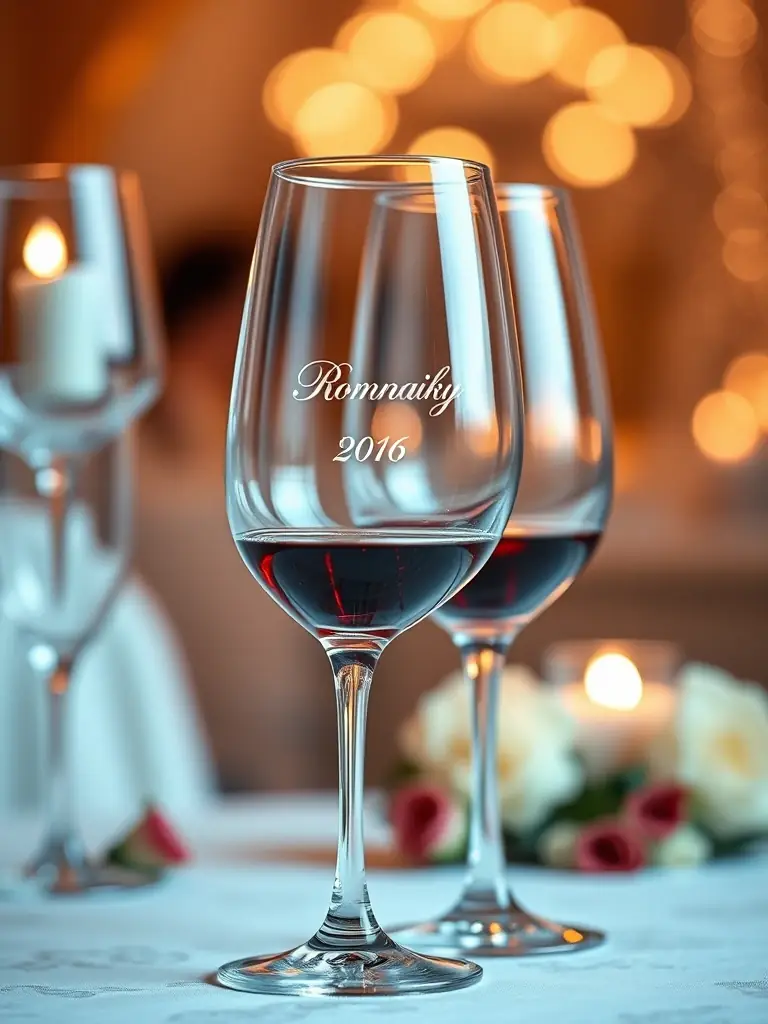 A detailed image of the Engraved Wine Glass Set, featuring intricate engravings and a celebratory toast, set against a romantic backdrop.