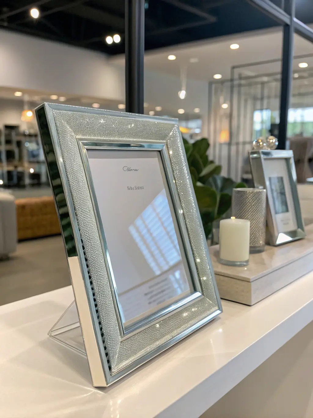 A close-up shot of the Personalized Glass Photo Frame, showcasing its sleek design and custom engraving, set against a softly lit background to highlight its elegance.